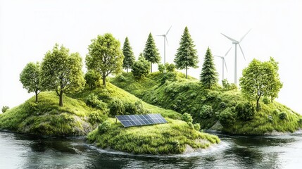 Fototapeta premium 3D Serene Landscape with Clear River, Forest, and Renewable Energy Symbols