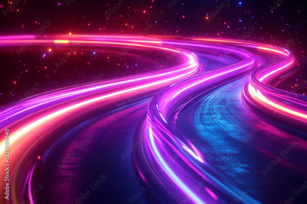 Poster Dynamic neon light trails create a mesmerizing visual effect on a dark background at night