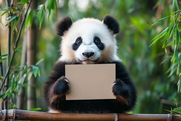 Obraz premium Cute panda cub holding a blank sign while sitting on a wooden branch in a bamboo grove during daytime