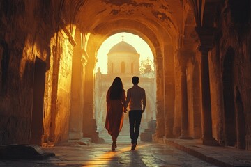 Couple walking towards church at sunrise