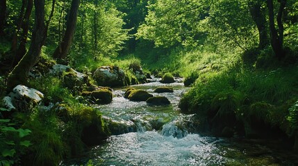 Serene stream flowing through lush green forest. Nature background for travel brochure.
