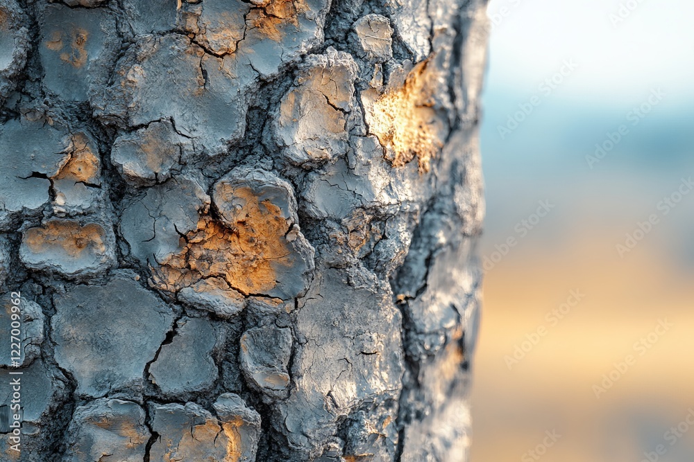 Poster Close-up view of a textured tree bark showcasing natural colors and patterns during daylight