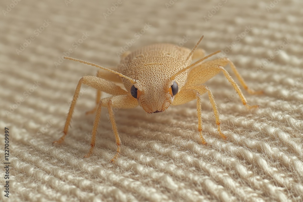 Poster close-up view of a pale-colored insect on fabric showcasing intricate details and textures during da