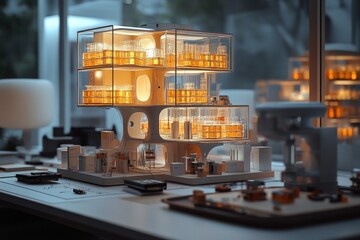 Innovative architectural model showcasing a modern building design with illuminated features in a studio setting
