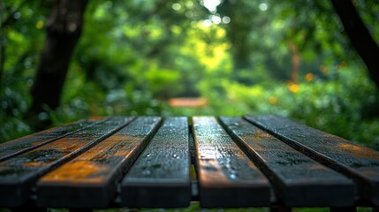 Wet park table, lush background, serenity, product display