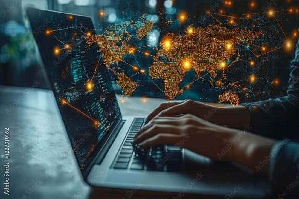 Poster Global connection through technology as hands type on a laptop with a world map overlay showcasing network links
