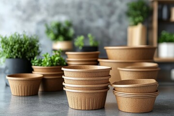 Fototapeta premium Various eco-friendly plant pots arranged on a kitchen counter with fresh herbs in a bright and modern setting