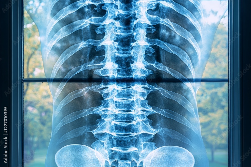 Aufkleber X-ray of a human spine displaying vertebrae structure and alignment with a natural backdrop in the background