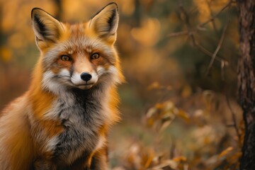 Fototapeta premium Wild red fox sitting in the woods during fall season, creating a captivating wildlife scene
