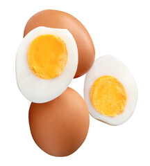 Top view of two raw chicken eggs and peeled cooked or boiled egg with egg yolk in two halves in stack isolated with clipping path in png file format