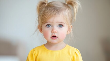 Naklejka premium Toddler girl portrait, indoor, neutral background, curious expression, childcare