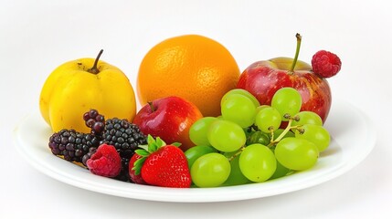 A visually appealing balanced plate filled with an array of colorful fruits and vegetables. The plate showcases a diverse selection of fresh produce, highlighting the importance of a healthy and nutri