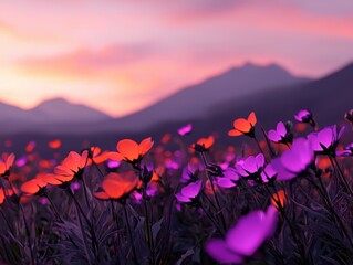 Obraz premium A vibrant field of flowers in shades of purple and orange against a stunning sunset backdrop with distant mountains.