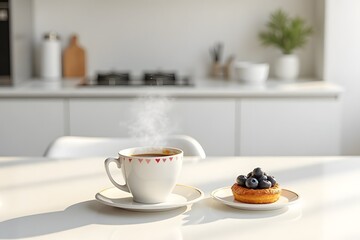 Obraz premium Minimalist coffee and blueberry pastry in contemporary bright kitchen setting