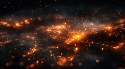 Glowing abstract network of orange particles on a dark background
