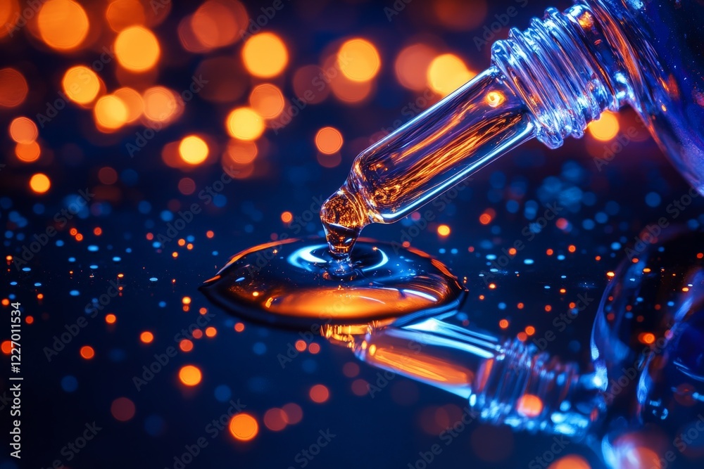 Poster Close-up of a dropper releasing a golden liquid onto a reflective surface with a bokeh background