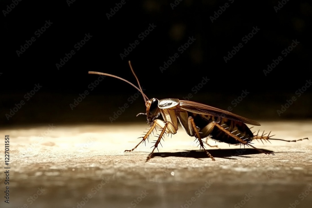 Poster Close view of a cockroach on a surface with dramatic lighting highlighting its features in a domestic setting at night