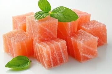 Delicate cubes of salmon adorned with fresh basil leaves on a smooth white surface in a bright kitchen setting