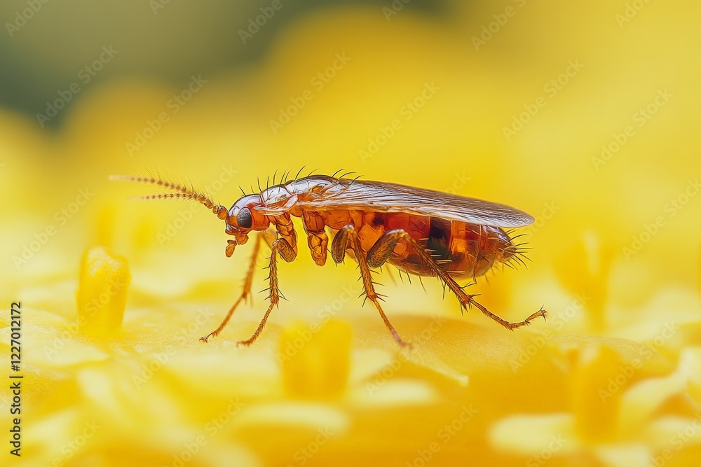 Poster close-up view of a small insect resting on a bright yellow flower during springtime