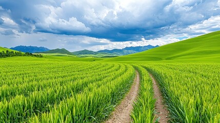 Naklejka premium Serene Landscape Dirt Road Through Lush Green Field and Rolling Hills