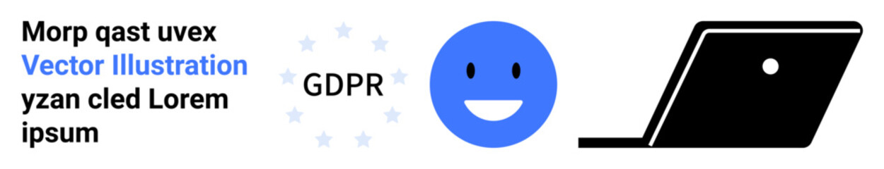 Smiling face, laptop, and GDPR text emphasize online privacy, compliance, and data security. Ideal for tech, cybersecurity, privacy laws, user rights digital policies safe browsing abstract line