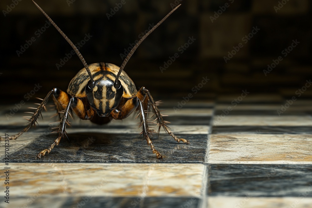 Poster Close-up view of a cockroach on a tiled surface showcasing intricate details and natural colors in a dimly lit environment