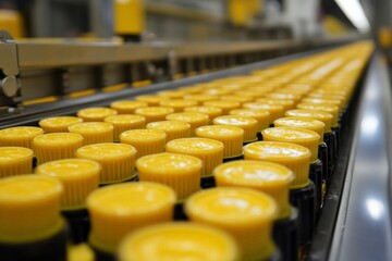 Obraz premium Production line filled with yellow bottle caps in a manufacturing facility during daytime operations