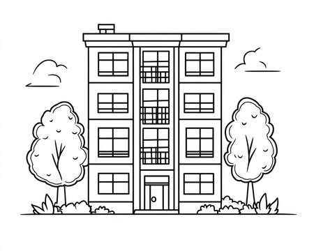 recommend clip art: Apartment Building With Trees And Clouds Illustration