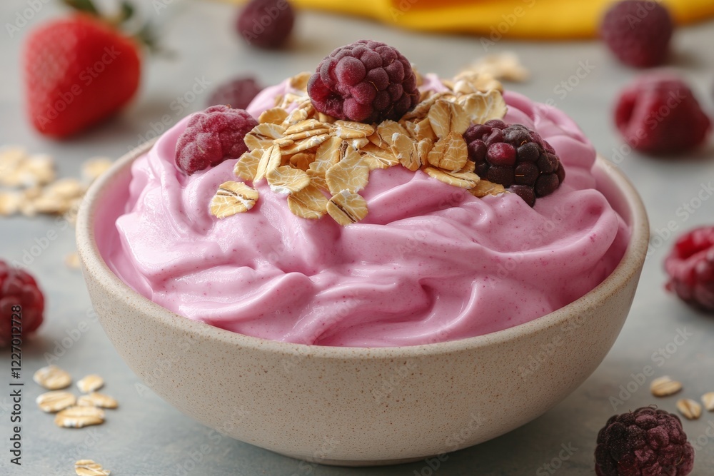 Aufkleber delicious raspberry yogurt topped with oats and fresh berries for a nutritious snack