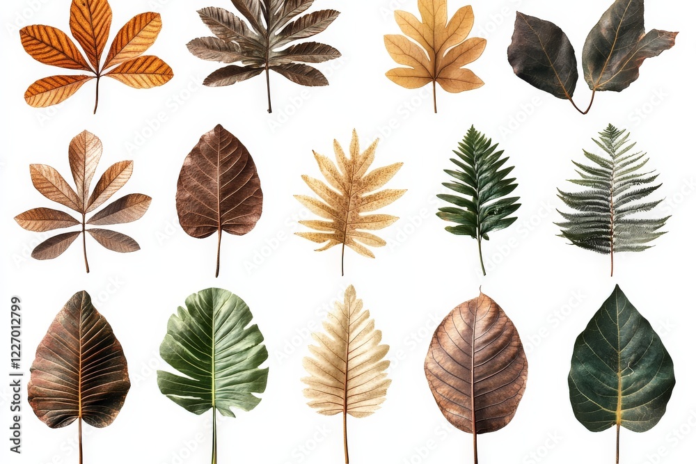 Poster collection of various leaves showcasing natural colors and textures in a botanical study setting