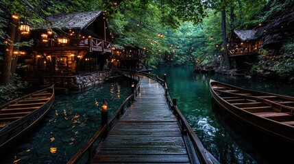Obraz premium Wooden boardwalk path to riverside cabins, lanterns, boats, lush forest