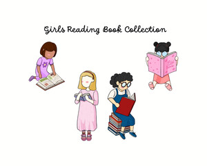 Set of little girls reading a book on various style on white background
