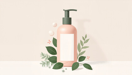 Cosmetic bottle with leaves and bubbles on a light background