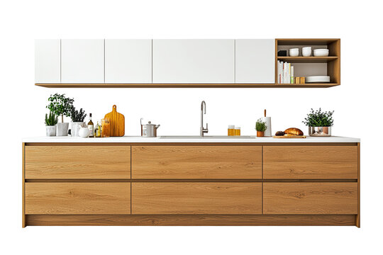 Isolated Kitchen Island with Wooden Drawer and White Upper Cabinets, Interior Design Composition