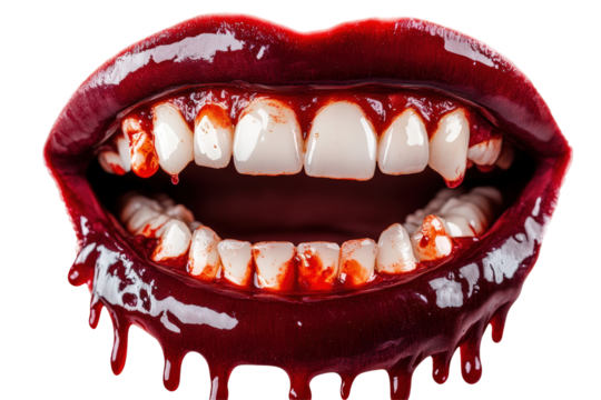 Isolated Open Red Lips with White Teeth and Dripping Blood