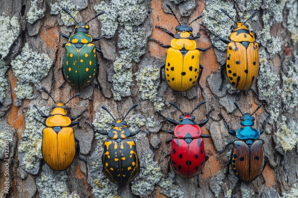 Poster colorful tropical beetles resting on tree bark showcase vibrant patterns and textures in their natur