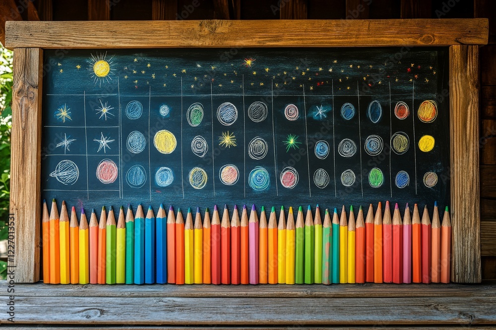 Poster colorful chalkboard art display featuring celestial bodies and vibrant crayons in a rustic setting