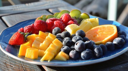 A visually appealing balanced plate filled with an array of colorful fruits and vegetables. The plate showcases a diverse selection of fresh produce, highlighting the importance of a healthy and nutri