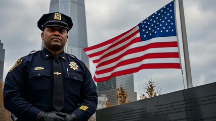 Policeman, black ethnicity and portrait near 9/11 memorial with american flag for service, safety and remembrance. Cop, officer and guard in uniform, patriotism and security for protection and honor - Powered by Adobe
