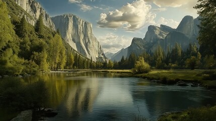 Yosemite Valley sunset, river reflection, scenic landscape, nature travel poster