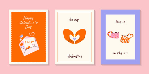 Valentine`s Day cute card set with envelope, mugs, heart. Illustrations of love, couple, heart. For postcard, card, congratulations, poster, brochures.	