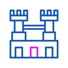 Geometric castle icon with two towers and pink door