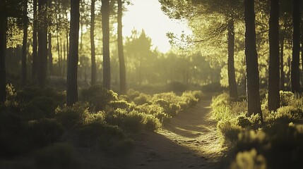 Fototapeta premium Golden sunlight illuminates a tranquil forest path, evoking peace and natural harmony.