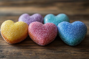 Obraz premium Colorful heart-shaped candies arranged on a rustic wooden surface for a sweet celebration or gift