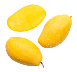 Top view set of two ripe yellow mangoes with half and water drops isolated with clipping path in png file format