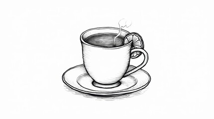 Detailed Black and White Line Art of a Hot Cup of Tea with Lemon Slice