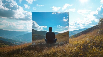 Person meditating on a mountain landscape with a frame effect