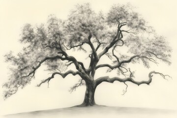 Beautiful graphite pencil drawing of an ancient oak tree with large sprawling branches standing on a small hill