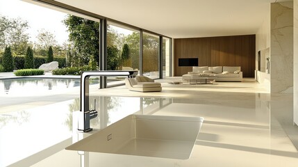 Modern kitchen, pool view, luxury home, sunny day, interior design