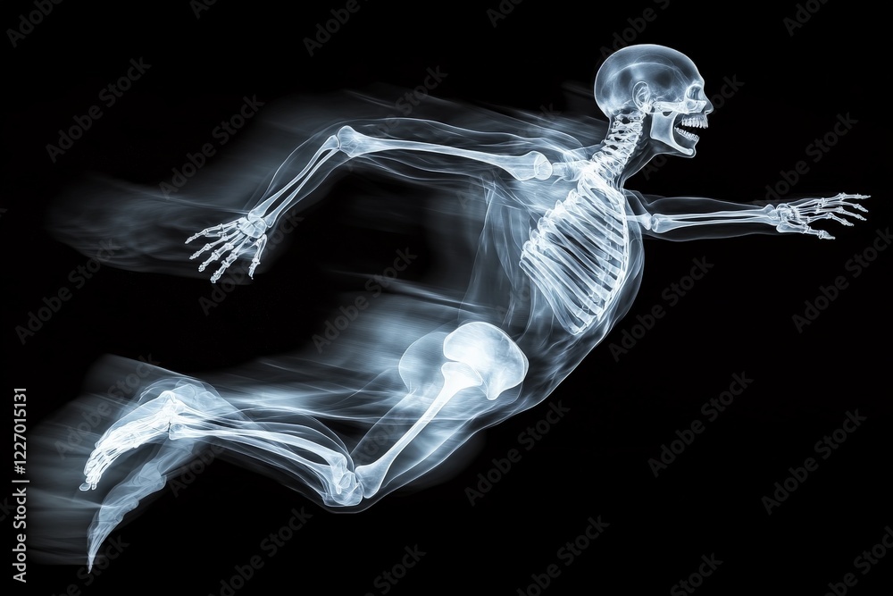 Aufkleber Dynamic skeleton appears to run fast with blurred motion against black background